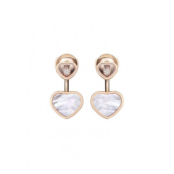 Boucles d'Oreilles Chopard Happy Hearts Or Rose 18 Carats, Diamants Et Nacre