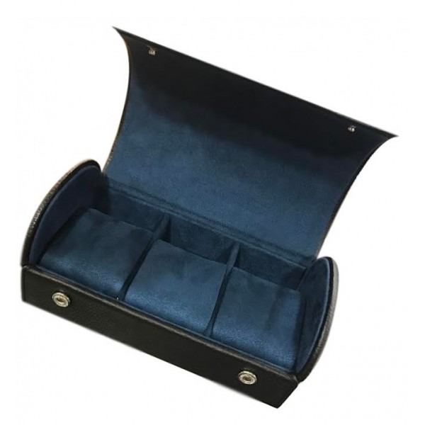 Boîte à montre KronoKeeper pour 3 montres﻿ Cuir noir intérieur bleu