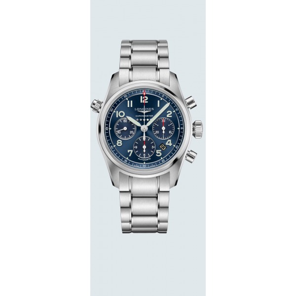 Montre Longines Spirit Chronographe 42 mm cadran bleu bracelet acier
