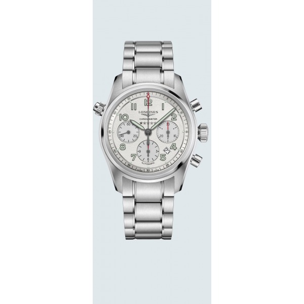Montre Longines Spirit Chronographe 42 mm cadran argenté bracelet acier