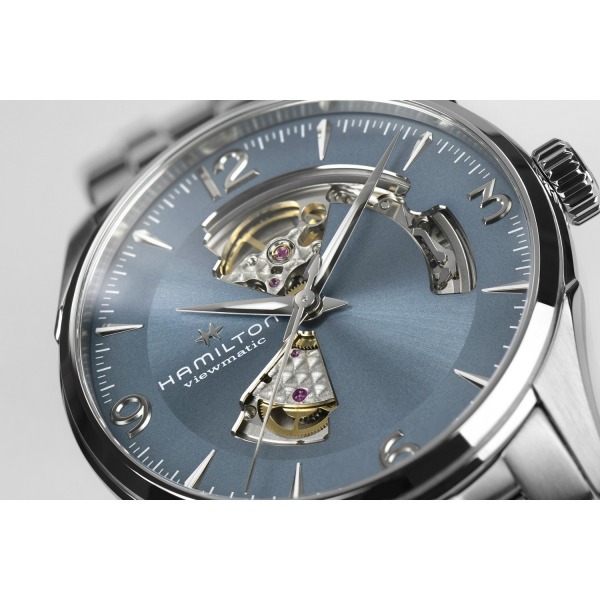 Montre Hamilton Jazzmaster Open Heart cadran bleu pastel bracelet acier 42 mm