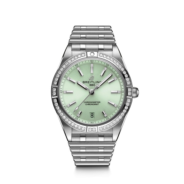 Montre Femme Breitling Chronomat Automatique 36mm Boîtier Acier Cadran Vert Index & Lunette Diamants