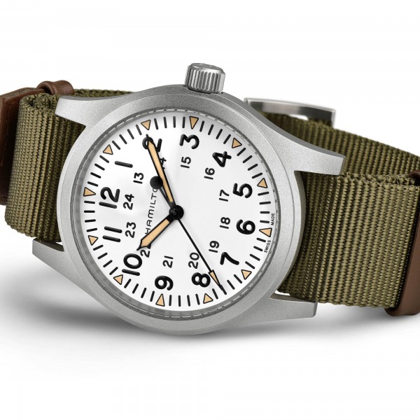 Montre Hamilton Khaki Field Mechanical Cadran Blanc Bracelet Nato Vert