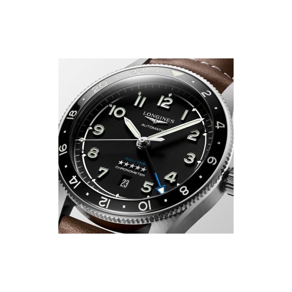Montre Longines Spirit Zulu Time Automatique 42mm cadran noir bracelet cuir