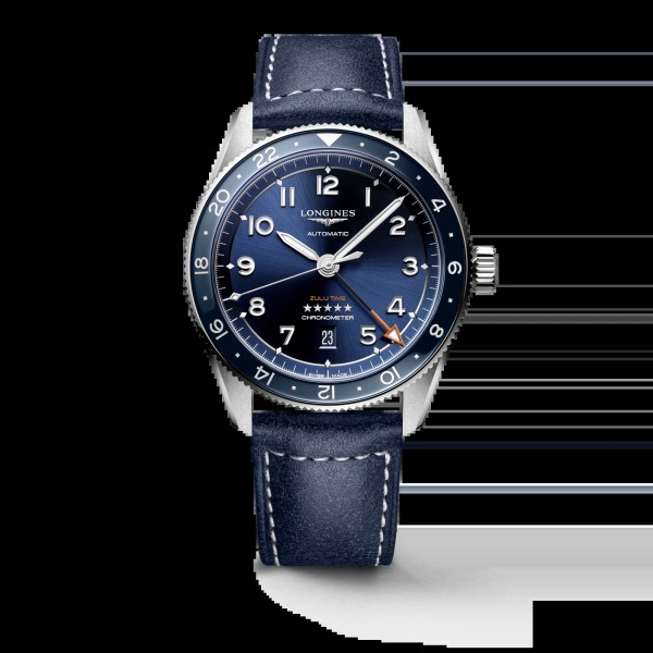 Montre Longines Spirit Zulu Time Automatique 42mm cadran bleu bracelet cuir bleu