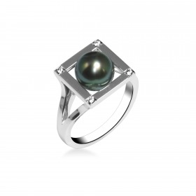 Bague TOM G Carré Or Blanc Perle Tahiti Et Diamants