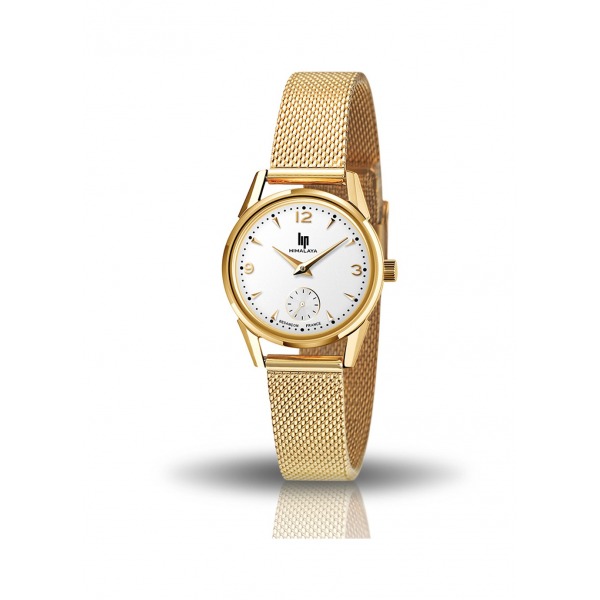 Montre LIP Femme Himalaya 29 mm Cadran blanc argenté mat Bracelet acier en mailles milanaises doré