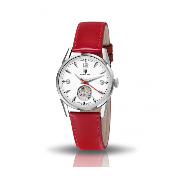 Montre LIP Femme Himalaya 33 mm Cadran blanc Bracelet cuir lisse rouge