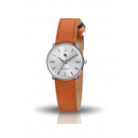 Montre LIP Femme Dauphine 29 mm Cadran argenté soleillé Bracelet cuir marron orangé