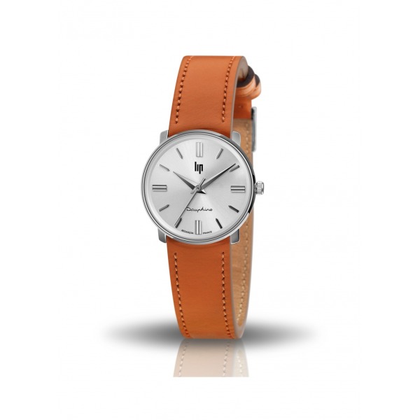 Montre LIP Femme Dauphine 29 mm Cadran argenté soleillé Bracelet cuir marron orangé