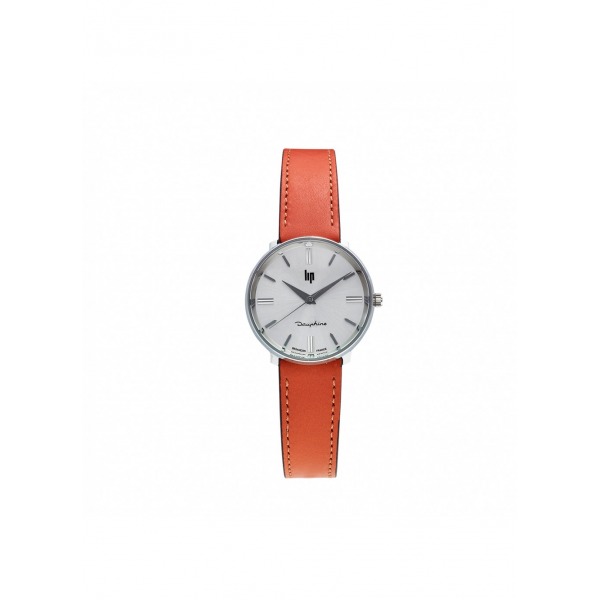 Montre LIP Femme Dauphine 29 mm Cadran argenté soleillé Bracelet cuir marron orangé