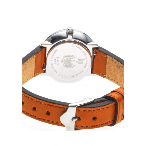 Montre LIP Femme Dauphine 29 mm Cadran argenté soleillé Bracelet cuir marron orangé