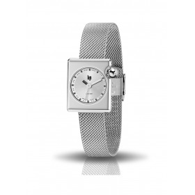 Montre LIP Femme MACH 2000 mini square 30 mm Cadran argenté bracelet milanais chromé