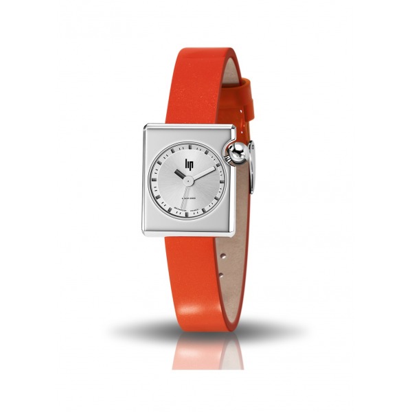Montre LIP Femme MACH 2000 mini square 30 mm Cadran argenté bracelet cuir orange