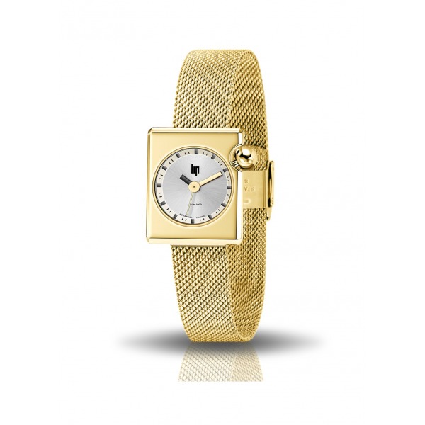 Montre LIP Femme MACH 2000 mini square 30 mm Cadran doré lunette intérieure blanche bracelet milanais doré