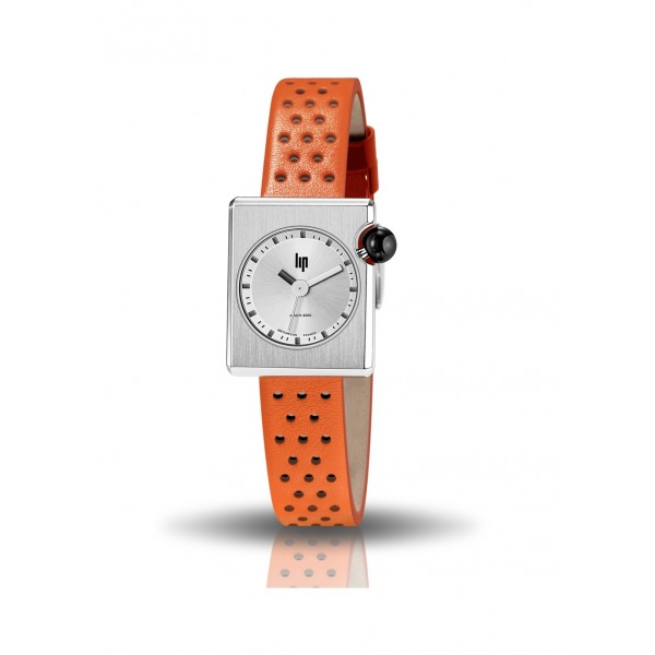 Montre LIP Femme MACH 2000 mini square cadran argenté 30 mm bracelet cuir orange