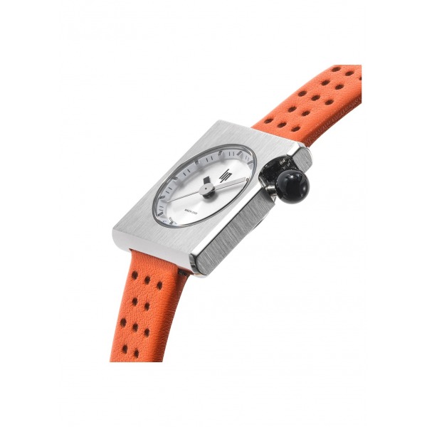 Montre LIP Femme MACH 2000 mini square cadran argenté 30 mm bracelet cuir orange