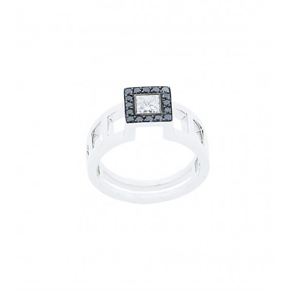 Solitaire TOM G Pure Or Blanc Diamants Noirs Et Blancs