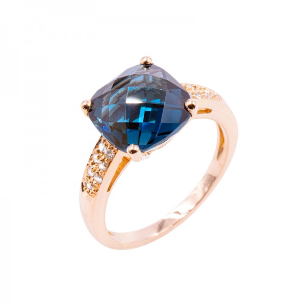 Bague Cesare Pompanon poppy blue petit modèle Topaze London Blue, Diamants, Or rose