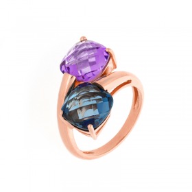 Bague Cesare Pompanon poppy blue petit modèle Duo Améthyste, Topaze London Blue, Or rose