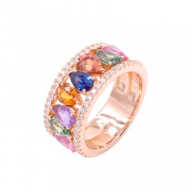 Bague Cesare Pompanon Tutti Frutti Saphirs de Couleurs, Diamants, Or rose
