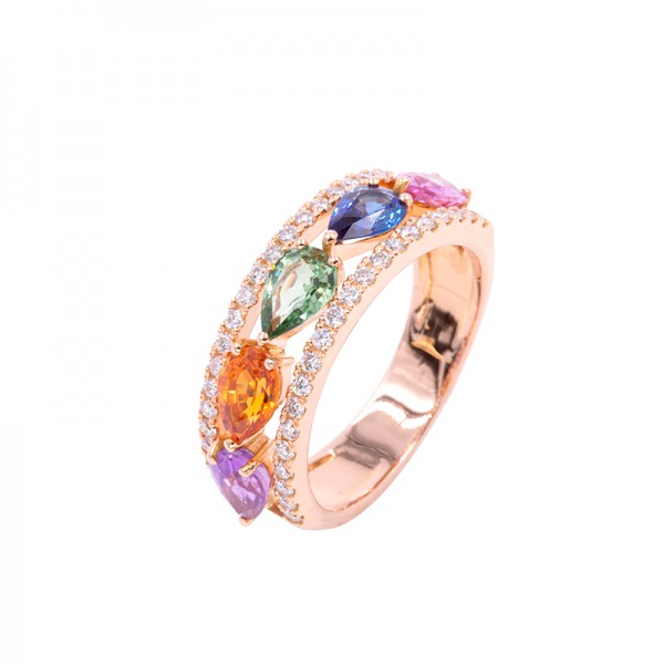 Bague Cesare Pompanon Tutti Frutti Saphirs de Couleurs, Diamants, Or rose