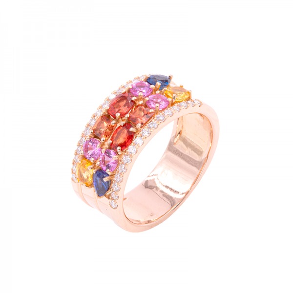 Bague Cesare Pompanon Tutti Frutti Saphirs de Couleurs, Diamants, Or rose