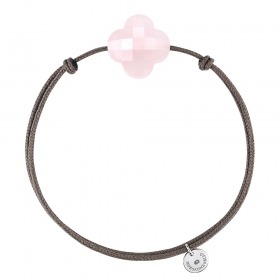 Bracelet Morganne Bello Cordon Taupe Trefle Quartz Rose Poudre