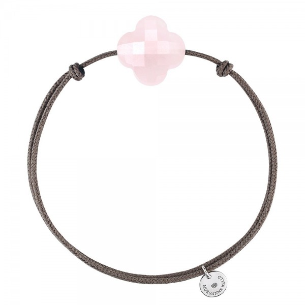 Bracelet Morganne Bello Cordon Taupe Trefle Quartz Rose Poudre