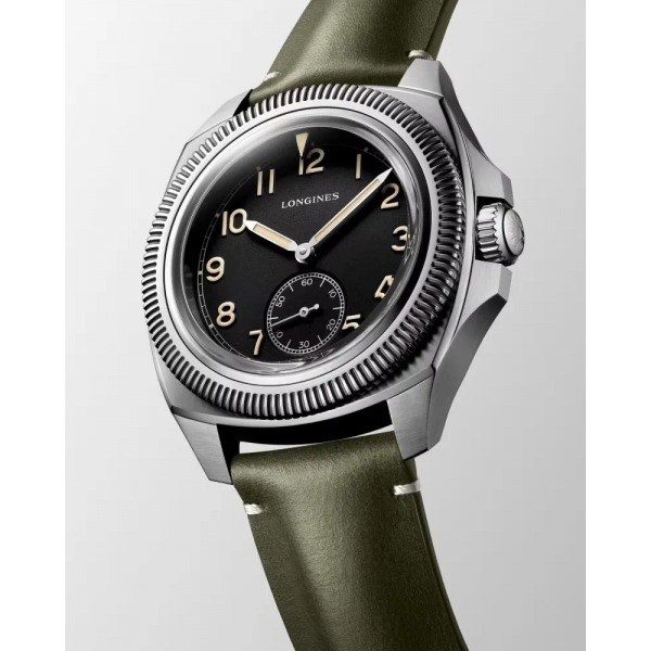 Montre Longines Pilot Majetek Cadran Noir Bracelet Cuir Vert