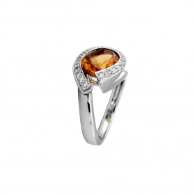 Bague Occasion Or Blanc diamants et pierre jaune orangé