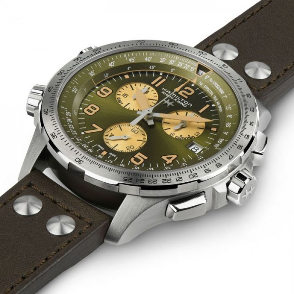 Montre Hamilton Khaki Aviation X-WIND GMT Chrono Quartz Cadran Vert Bracelet Cuir 46MM