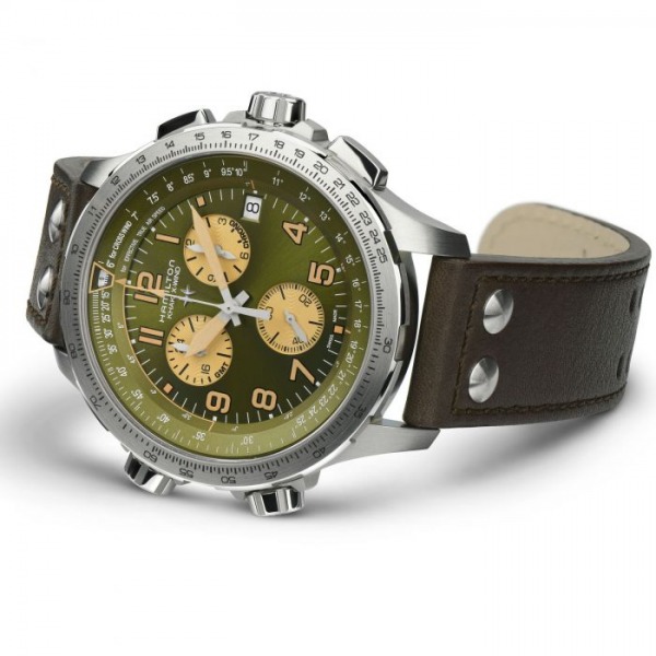 Montre Hamilton Khaki Aviation X-WIND GMT Chrono Quartz Cadran Vert Bracelet Cuir 46MM