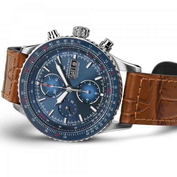 Montre Hamilton Khaki Aviation Converter Auto Chrono Cadran Bleu Bracelet Cuir