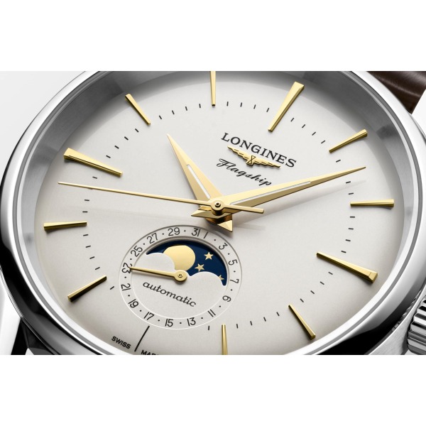 Montre Longines Flagship Heritage Auto Cadran Argenté Bracelet Cuir Brun