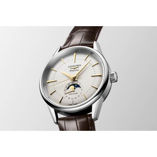 Montre Longines Flagship Heritage Auto Cadran Argenté Bracelet Cuir Brun