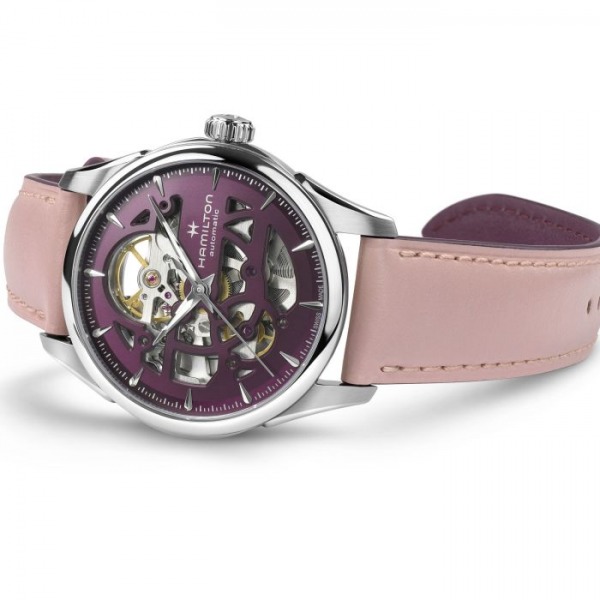 Montre Hamilton JAZZMASTER SKELETON LADY AUTO bracelet cuir rose