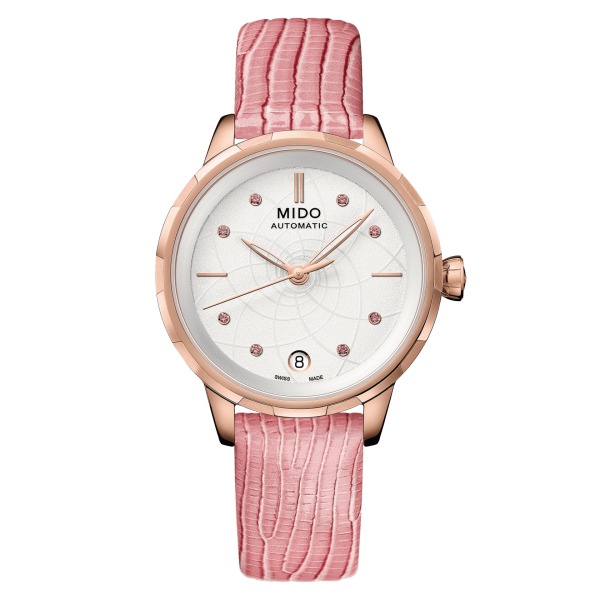 Montre Mido Rainflower 8 Saphirs Roses Bracelet Cuir Rose