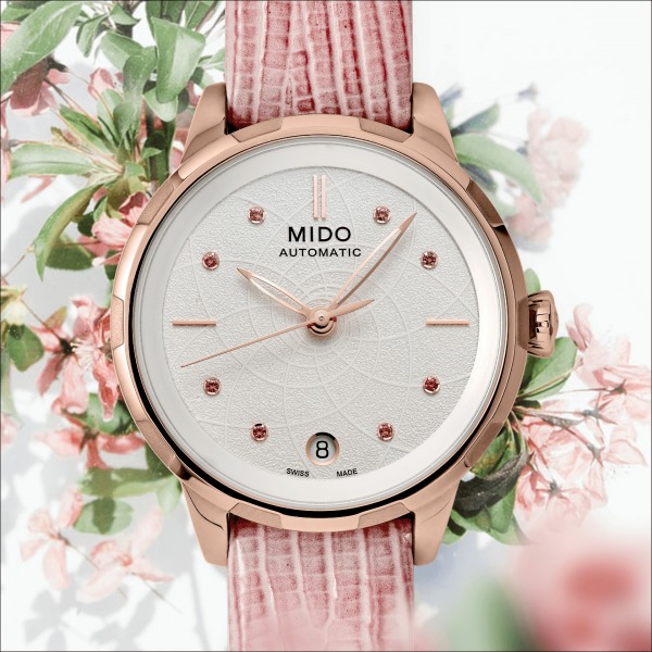 Montre Mido Rainflower 8 Saphirs Roses Bracelet Cuir Rose