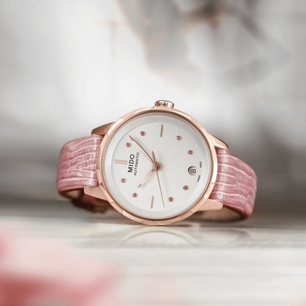 Montre Mido Rainflower 8 Saphirs Roses Bracelet Cuir Rose