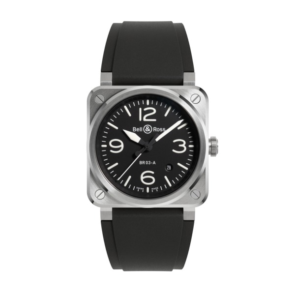 Montre BELL & ROSS BR 03 Black Steel 41mm Bracelet Caoutchouc Noir