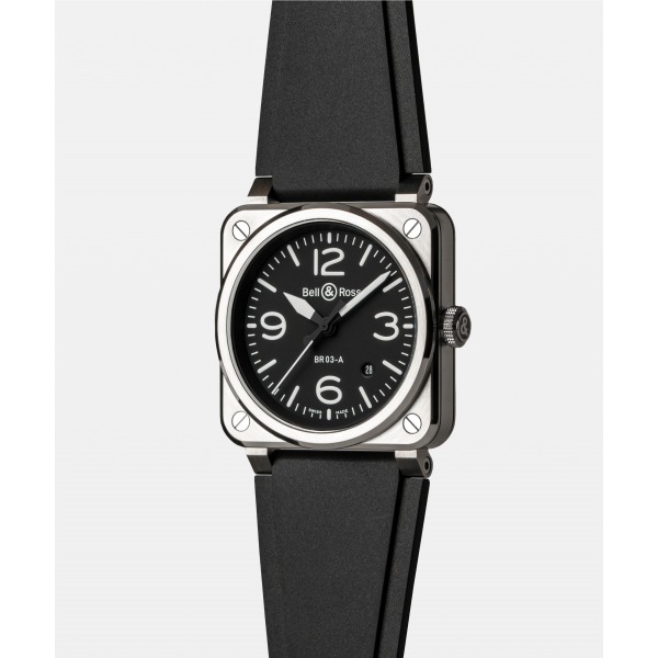 Montre BELL & ROSS BR 03 Black Steel 41mm Bracelet Caoutchouc Noir