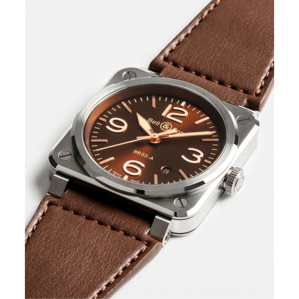 Montre BELL & ROSS BR 03 Golden Heritage Ceramic 41mm Bracelet Cuir Marron