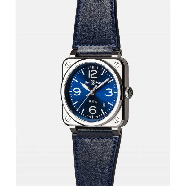 Montre BELL & ROSS BR 03 Blue Steel 41mm Bracelet Cuir Bleu