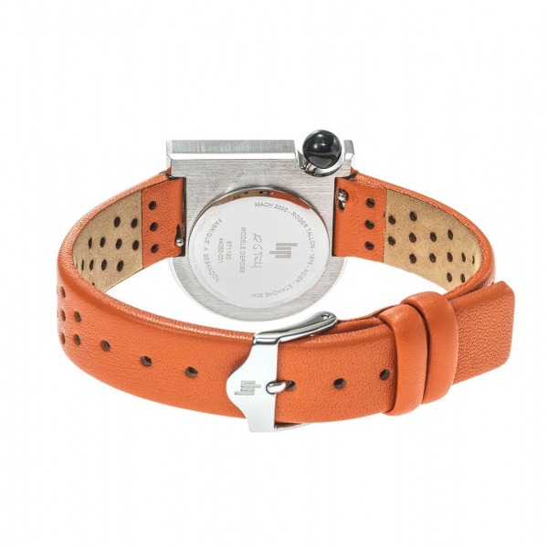 Montre LIP Femme MACH 2000 mini moon 30 mm Cadran argenté bracelet cuir orange perforé