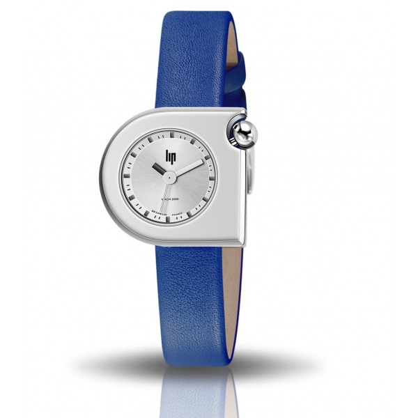 Montre LIP Femme MACH 2000 mini moon 30 mm Cadran argenté bracelet cuir bleu