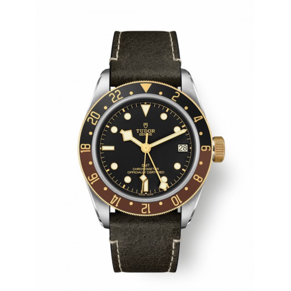 MONTRE HOMME TUDOR BLACK BAY GMT OR & ACIER BRACELET CUIR BRUN