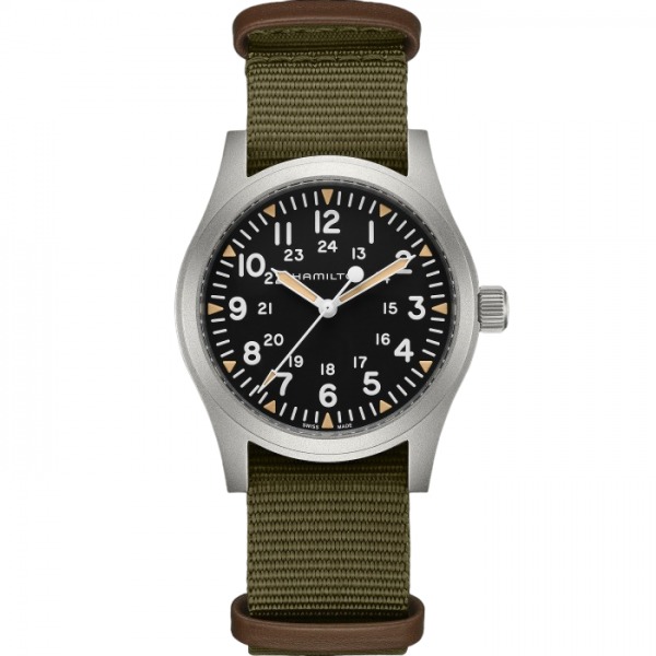 Montre Hamilton Khaki Field Mechanical Cadran Noir Bracelet Nato Vert