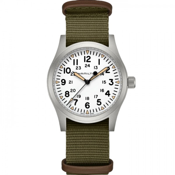 Montre Hamilton Khaki Field Mechanical Cadran Blanc Bracelet Nato Vert