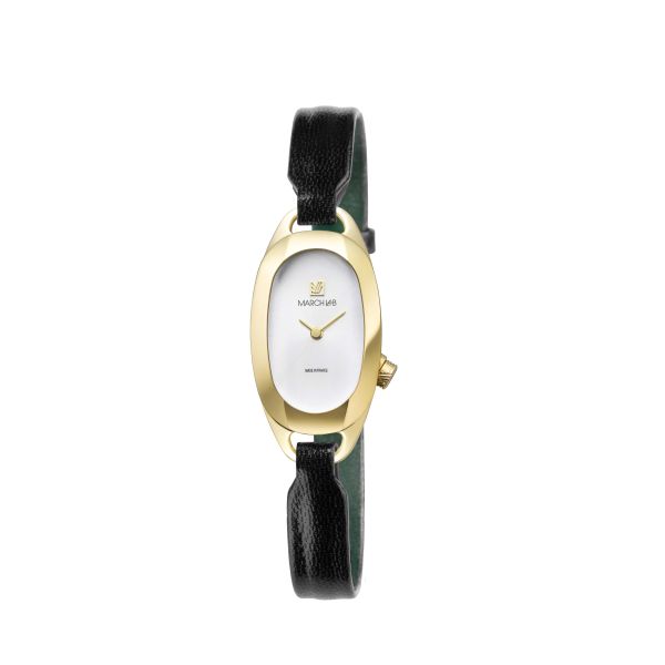 Montre MARCH LA.B Oblongue PVD Gold Continental Bracelet Cuir Noir